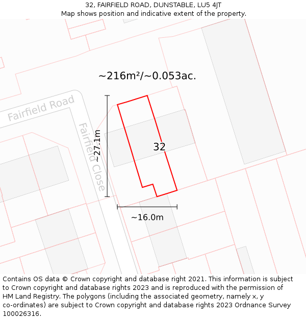 32, FAIRFIELD ROAD, DUNSTABLE, LU5 4JT: Plot and title map