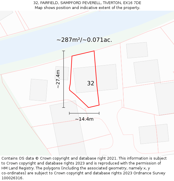 32, FAIRFIELD, SAMPFORD PEVERELL, TIVERTON, EX16 7DE: Plot and title map