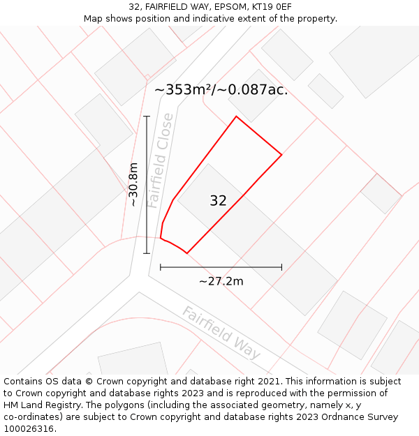32, FAIRFIELD WAY, EPSOM, KT19 0EF: Plot and title map