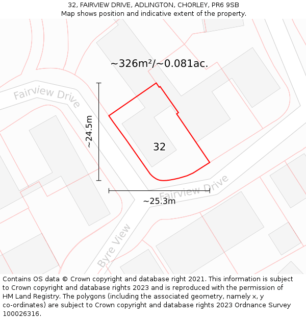 32, FAIRVIEW DRIVE, ADLINGTON, CHORLEY, PR6 9SB: Plot and title map