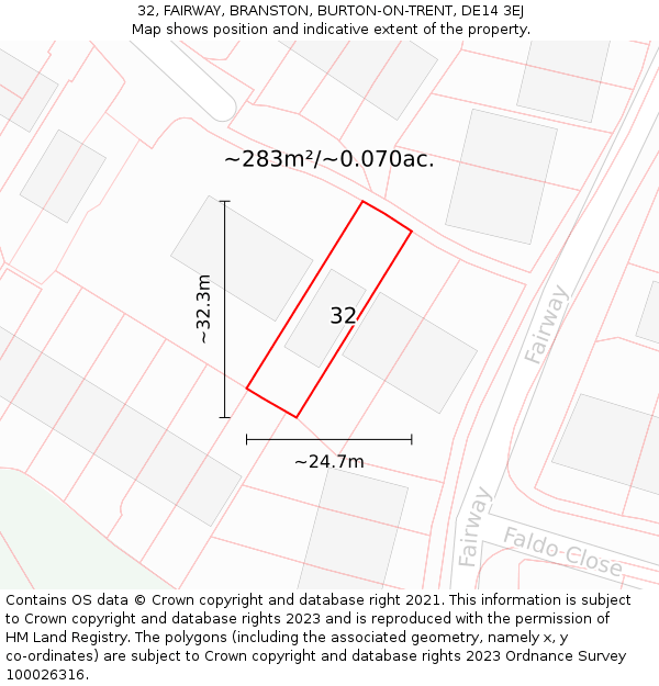 32, FAIRWAY, BRANSTON, BURTON-ON-TRENT, DE14 3EJ: Plot and title map
