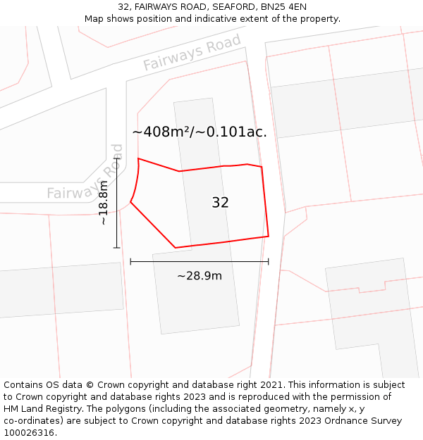 32, FAIRWAYS ROAD, SEAFORD, BN25 4EN: Plot and title map