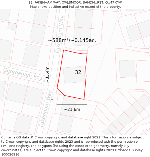 32, FAKENHAM WAY, OWLSMOOR, SANDHURST, GU47 0YW: Plot and title map
