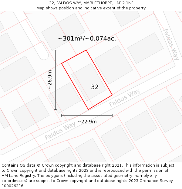 32, FALDOS WAY, MABLETHORPE, LN12 1NF: Plot and title map