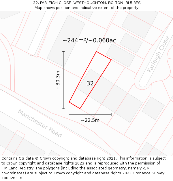 32, FARLEIGH CLOSE, WESTHOUGHTON, BOLTON, BL5 3ES: Plot and title map