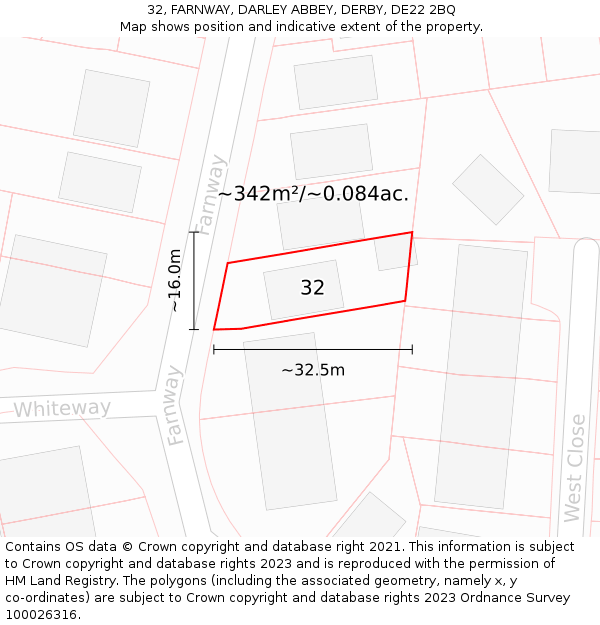 32, FARNWAY, DARLEY ABBEY, DERBY, DE22 2BQ: Plot and title map