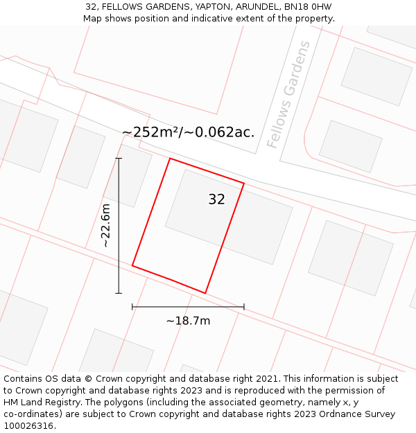 32, FELLOWS GARDENS, YAPTON, ARUNDEL, BN18 0HW: Plot and title map
