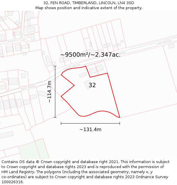 32, FEN ROAD, TIMBERLAND, LINCOLN, LN4 3SD: Plot and title map