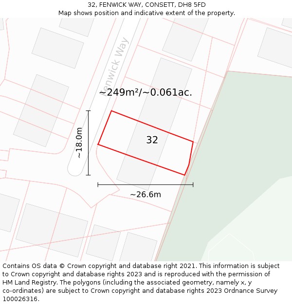 32, FENWICK WAY, CONSETT, DH8 5FD: Plot and title map