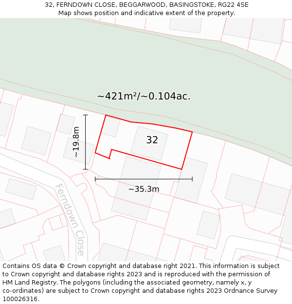 32, FERNDOWN CLOSE, BEGGARWOOD, BASINGSTOKE, RG22 4SE: Plot and title map