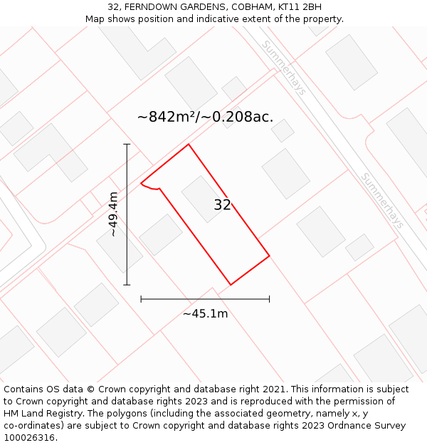 32, FERNDOWN GARDENS, COBHAM, KT11 2BH: Plot and title map
