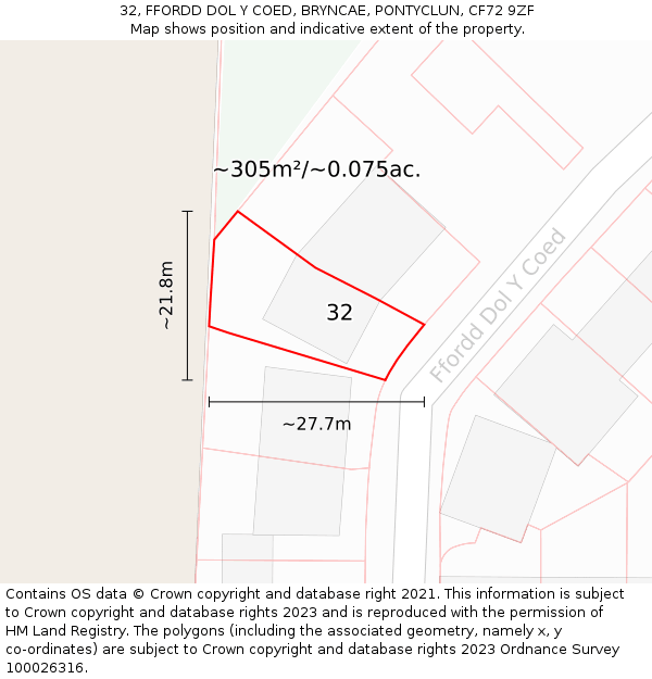32, FFORDD DOL Y COED, BRYNCAE, PONTYCLUN, CF72 9ZF: Plot and title map