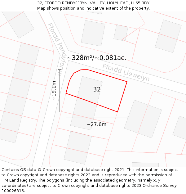 32, FFORDD PENDYFFRYN, VALLEY, HOLYHEAD, LL65 3DY: Plot and title map