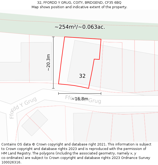 32, FFORDD Y GRUG, COITY, BRIDGEND, CF35 6BQ: Plot and title map
