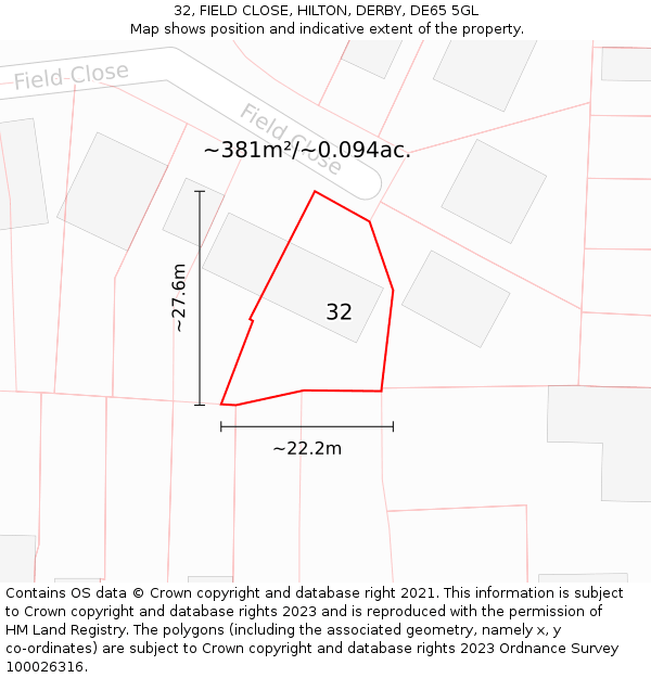 32, FIELD CLOSE, HILTON, DERBY, DE65 5GL: Plot and title map