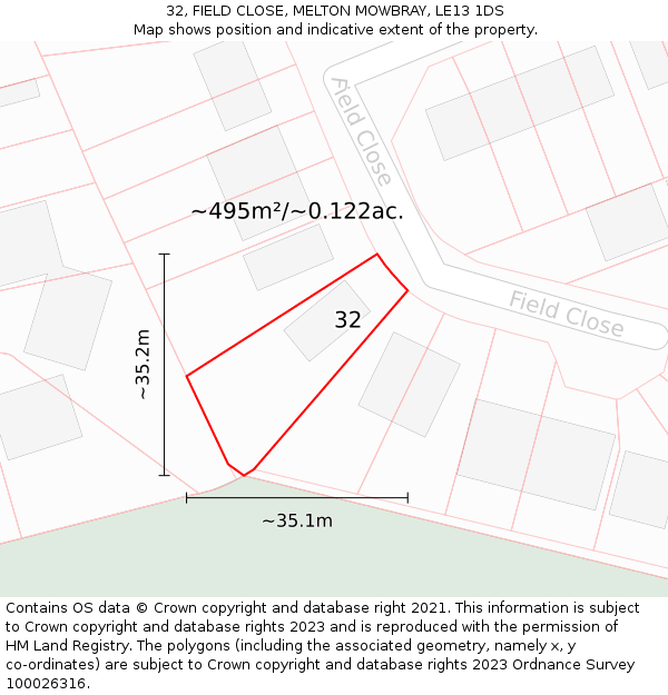 32, FIELD CLOSE, MELTON MOWBRAY, LE13 1DS: Plot and title map