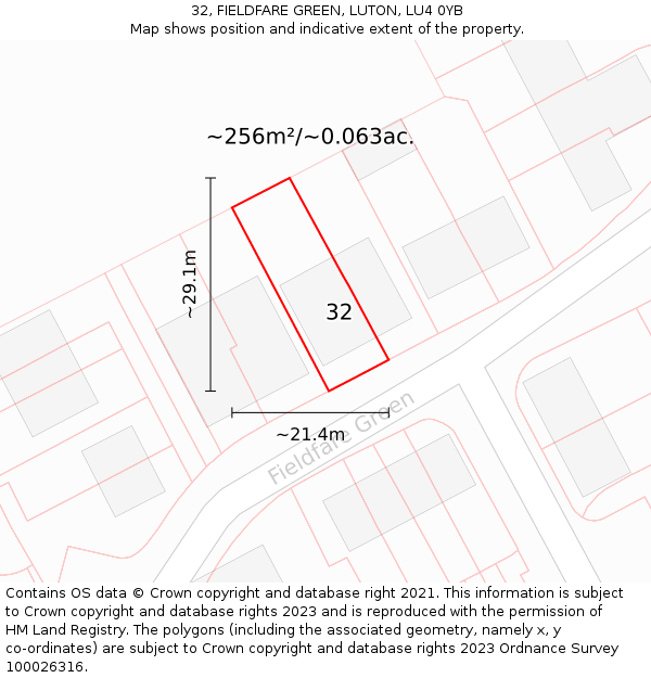 32, FIELDFARE GREEN, LUTON, LU4 0YB: Plot and title map