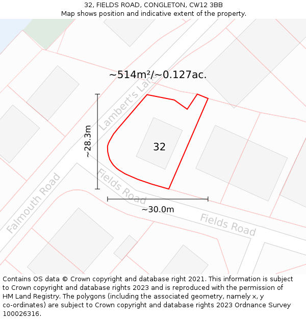 32, FIELDS ROAD, CONGLETON, CW12 3BB: Plot and title map