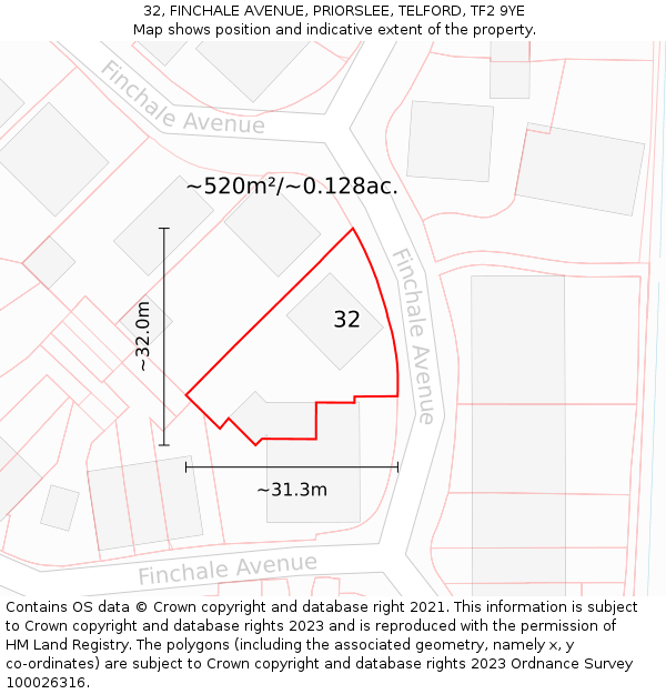 32, FINCHALE AVENUE, PRIORSLEE, TELFORD, TF2 9YE: Plot and title map