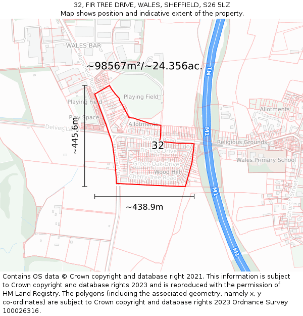 32, FIR TREE DRIVE, WALES, SHEFFIELD, S26 5LZ: Plot and title map