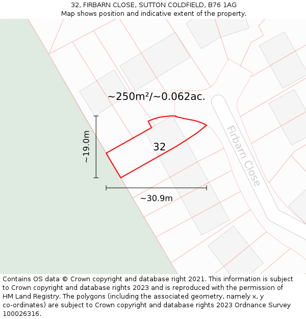 32, FIRBARN CLOSE, SUTTON COLDFIELD, B76 1AG: Plot and title map