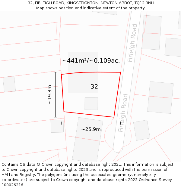 32, FIRLEIGH ROAD, KINGSTEIGNTON, NEWTON ABBOT, TQ12 3NH: Plot and title map