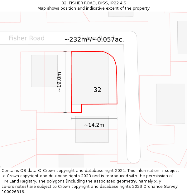 32, FISHER ROAD, DISS, IP22 4JS: Plot and title map