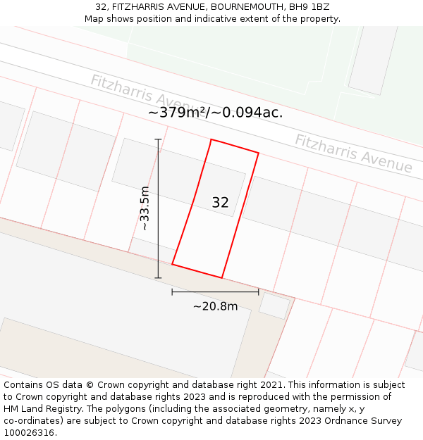 32, FITZHARRIS AVENUE, BOURNEMOUTH, BH9 1BZ: Plot and title map
