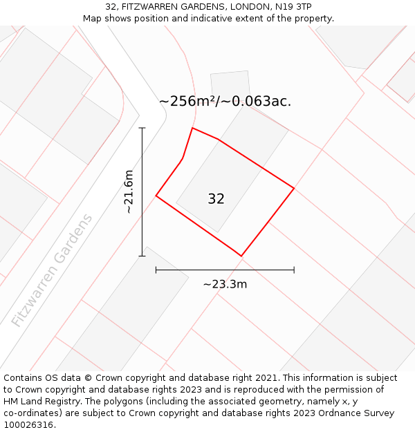 32, FITZWARREN GARDENS, LONDON, N19 3TP: Plot and title map