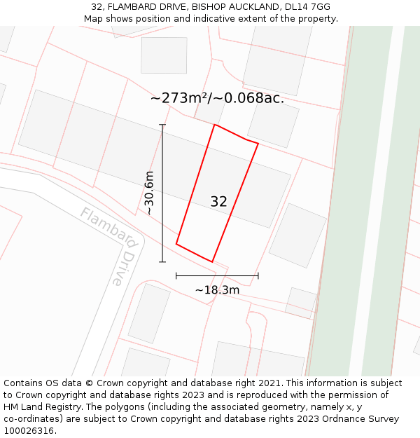 32, FLAMBARD DRIVE, BISHOP AUCKLAND, DL14 7GG: Plot and title map