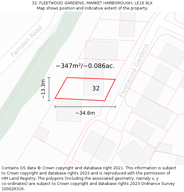 32, FLEETWOOD GARDENS, MARKET HARBOROUGH, LE16 9LX: Plot and title map