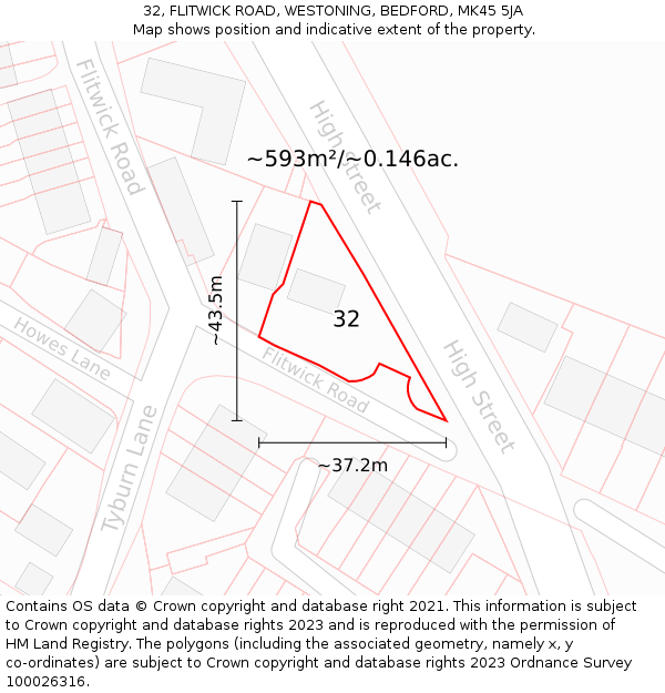 32, FLITWICK ROAD, WESTONING, BEDFORD, MK45 5JA: Plot and title map