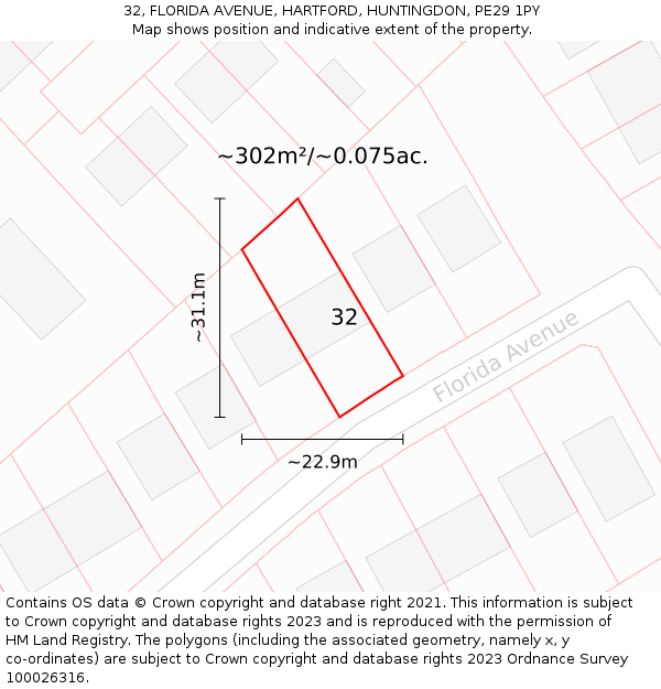 32, FLORIDA AVENUE, HARTFORD, HUNTINGDON, PE29 1PY: Plot and title map