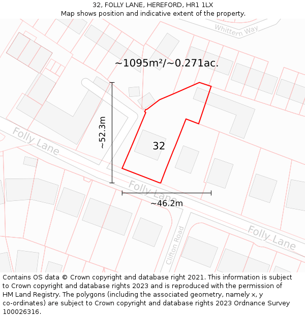 32, FOLLY LANE, HEREFORD, HR1 1LX: Plot and title map