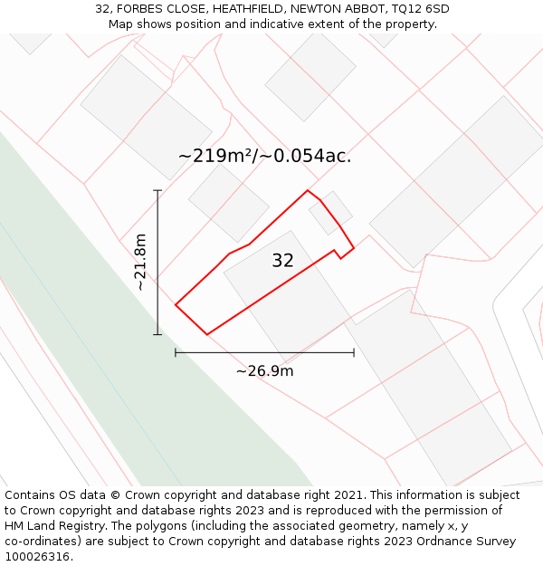 32, FORBES CLOSE, HEATHFIELD, NEWTON ABBOT, TQ12 6SD: Plot and title map
