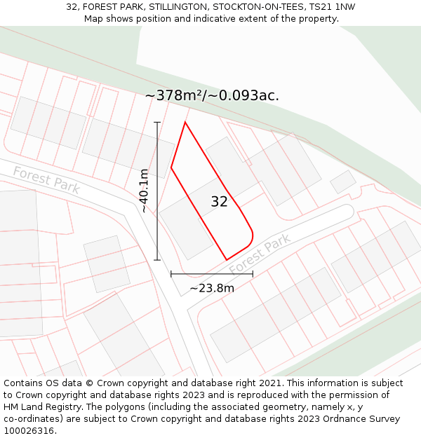 32, FOREST PARK, STILLINGTON, STOCKTON-ON-TEES, TS21 1NW: Plot and title map