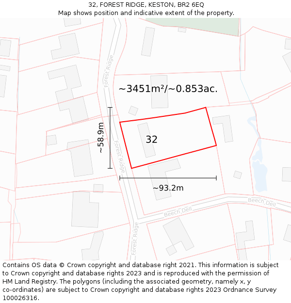 32, FOREST RIDGE, KESTON, BR2 6EQ: Plot and title map