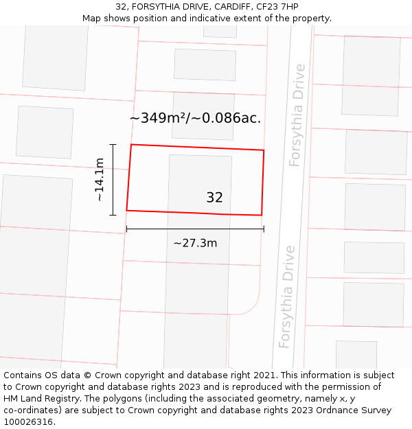 32, FORSYTHIA DRIVE, CARDIFF, CF23 7HP: Plot and title map