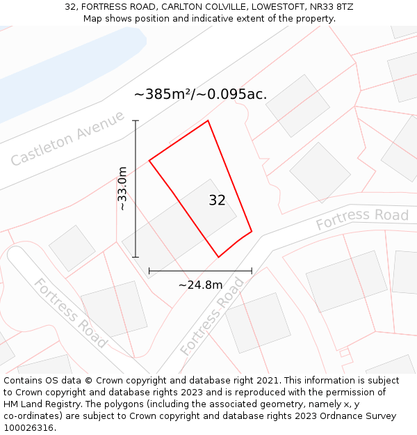 32, FORTRESS ROAD, CARLTON COLVILLE, LOWESTOFT, NR33 8TZ: Plot and title map