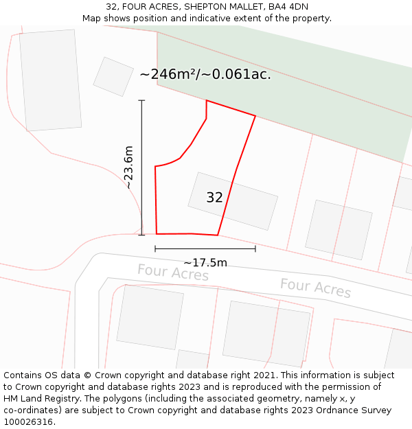 32, FOUR ACRES, SHEPTON MALLET, BA4 4DN: Plot and title map