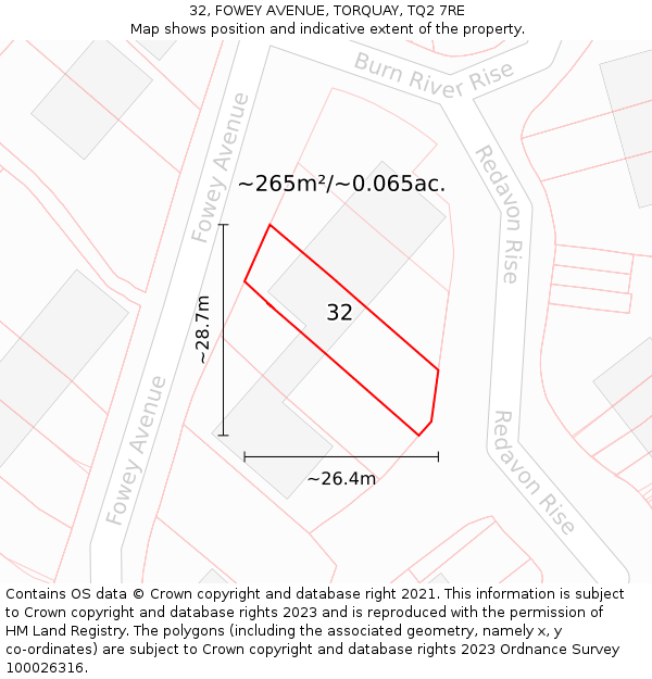 32, FOWEY AVENUE, TORQUAY, TQ2 7RE: Plot and title map