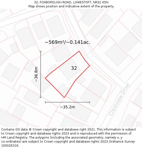 32, FOXBOROUGH ROAD, LOWESTOFT, NR32 4SN: Plot and title map
