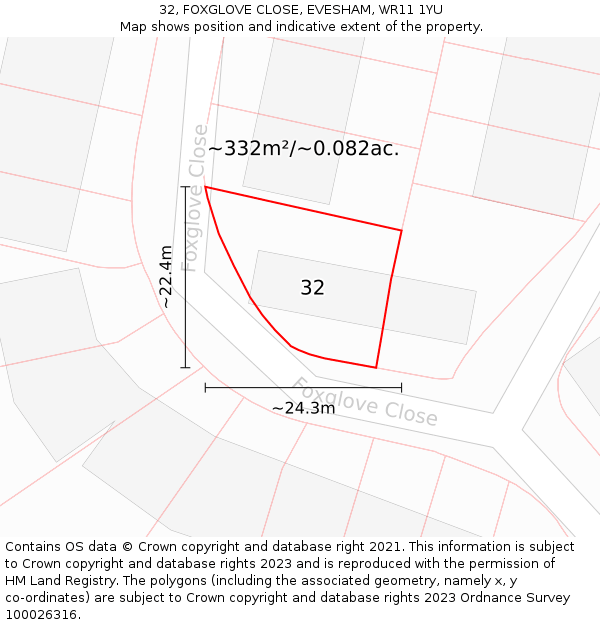 32, FOXGLOVE CLOSE, EVESHAM, WR11 1YU: Plot and title map