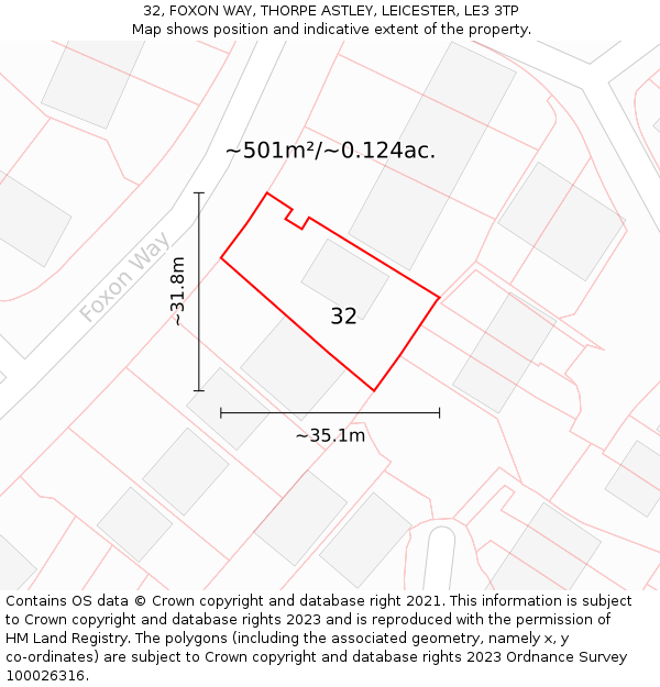 32, FOXON WAY, THORPE ASTLEY, LEICESTER, LE3 3TP: Plot and title map