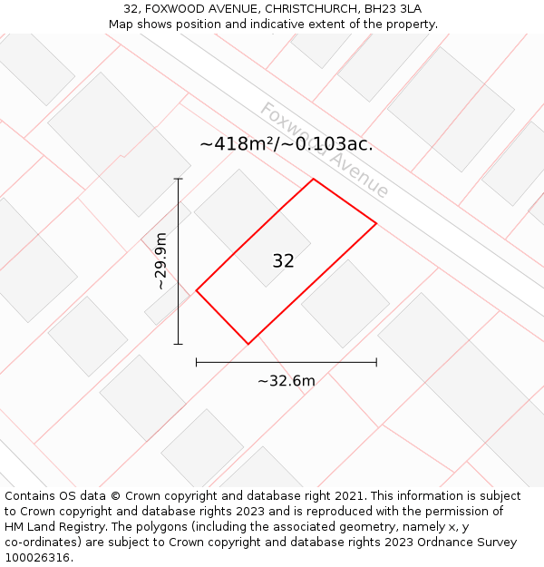 32, FOXWOOD AVENUE, CHRISTCHURCH, BH23 3LA: Plot and title map