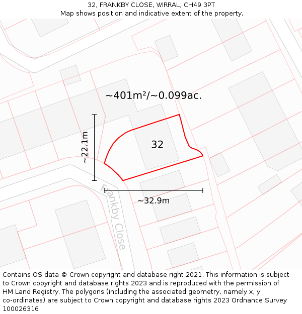 32, FRANKBY CLOSE, WIRRAL, CH49 3PT: Plot and title map