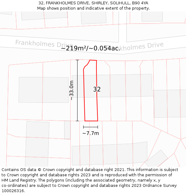 32, FRANKHOLMES DRIVE, SHIRLEY, SOLIHULL, B90 4YA: Plot and title map