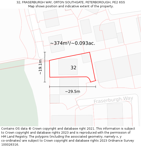 32, FRASERBURGH WAY, ORTON SOUTHGATE, PETERBOROUGH, PE2 6SS: Plot and title map