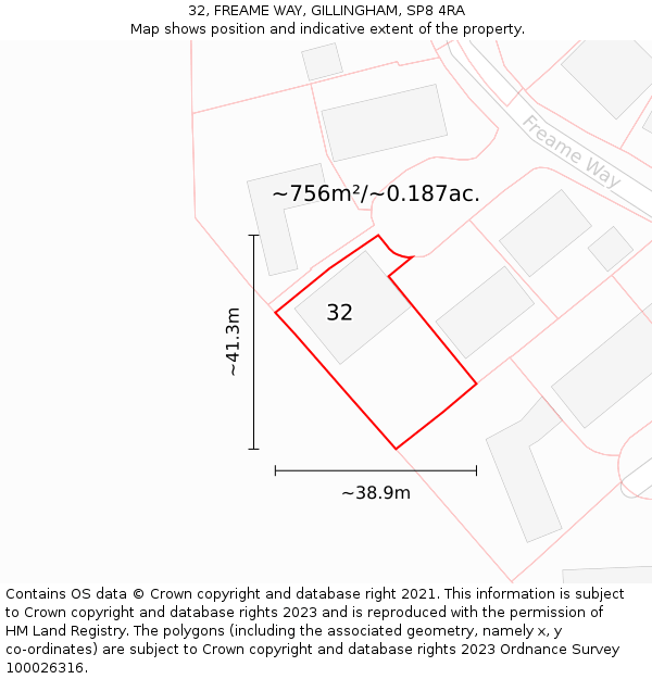 32, FREAME WAY, GILLINGHAM, SP8 4RA: Plot and title map