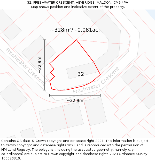 32, FRESHWATER CRESCENT, HEYBRIDGE, MALDON, CM9 4PA: Plot and title map